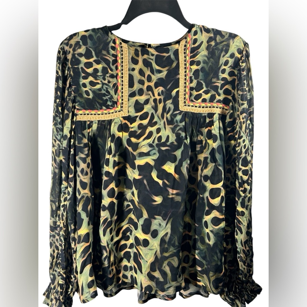 Anthropologie Blank London Small Semi Sheer Peasant Top Black Green‎ Print